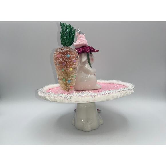 Vintage Ceramic Bunny Sitting on Cake Stand Bottle Brush Carrott Tree Flower Hat - Picture 10 of 16